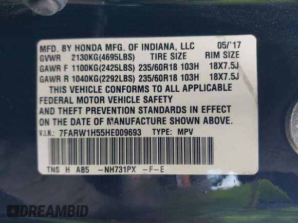 2017 Honda CR-V EX with VIN 7FARW1H55HE009693, listed as a IAAI auction lot 41539260 with 136,645 mi miles. Bid and sale history available at carsss.com. Image 9.