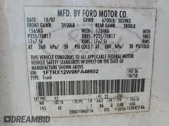 2008 Ford F-150 STX with VIN 1FTRX12W98FA48602, listed as a Copart auction lot 54356605 with 132,782 mi miles and Clean title. Bid and sale history available at DreamBid. Image 12.