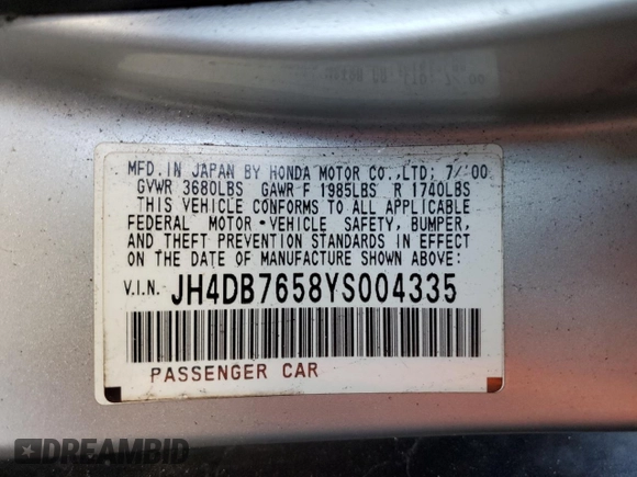 2000 Acura Integra LS z VIN JH4DB7658YS004335, wystawiony jako Copart lot #49858145 z przebiegiem 220 238 mil mil oraz Szkoda całkowita • Salvage title. Historia ofert i sprzedaży dostępna na DreamBid. Obrazek 15.