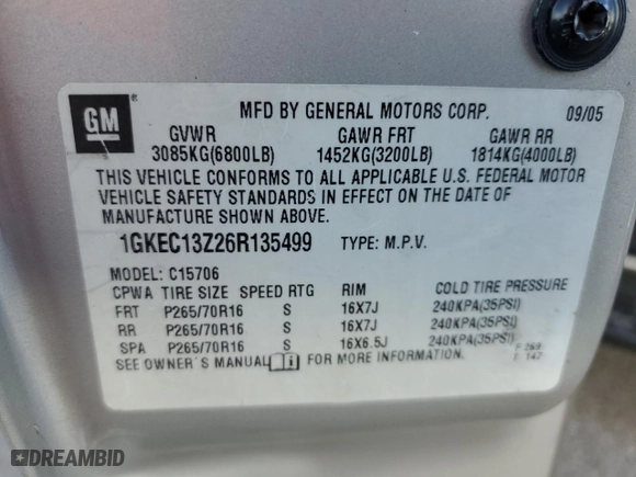 2006 GMC Yukon SLE with VIN 1GKEC13Z26R135499, listed as a Copart auction lot 72391484 with 428,553 mi miles and Salvage Title. Bid and sale history available at carsss.com. Image 15.