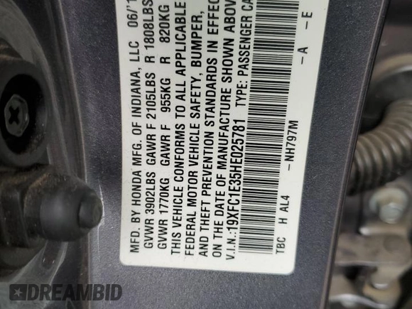 2017 Honda Civic EX-T with VIN 19XFC1E35HE025781, listed as a Copart auction lot 86447594 with Not Provided miles and Salvage Title. Bid and sale history available at DreamBid. Image 14.