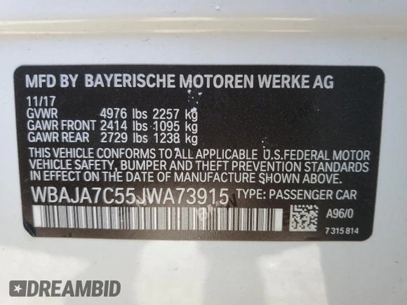 2018 BMW 5 Series 530i xDrive z VIN WBAJA7C55JWA73915, wystawiony jako Copart lot #42592435 z przebiegiem 85 371 mil mil oraz Nie do naprawy • Non repairable. Historia ofert i sprzedaży dostępna na DreamBid. Obrazek 12.