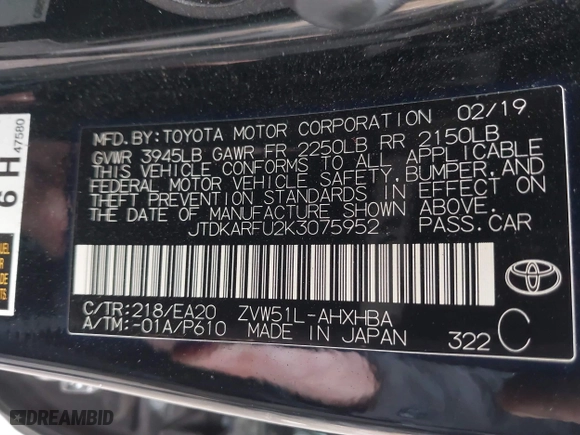 2019 Toyota Prius L Eco with VIN JTDKARFU2K3075952, listed as a IAAI auction lot 41686956 with 81,000 mi miles. Bid and sale history available at carsss.com. Image 9.