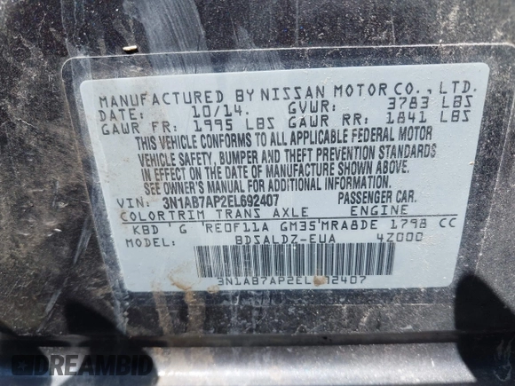 2014 Nissan Sentra SV with VIN 3N1AB7AP2EL692407, listed as a IAAI auction lot 41976680 with 140,788 mi miles and . Bid and sale history available at DreamBid. Image 9.