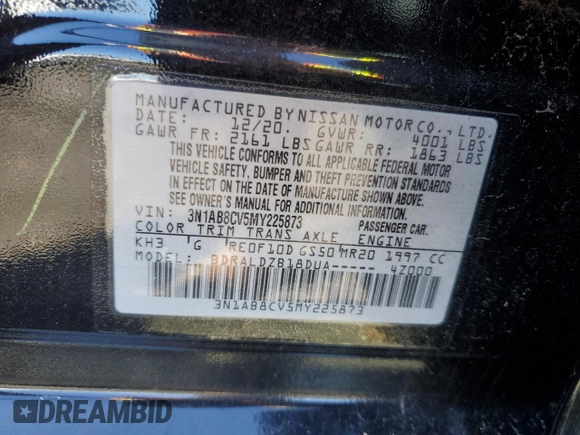 2021 Nissan Sentra SV with VIN 3N1AB8CV5MY225873, listed as a Copart auction lot 52103995 with 25,362 mi miles and Salvage Title. Bid and sale history available at DreamBid. Image 12.