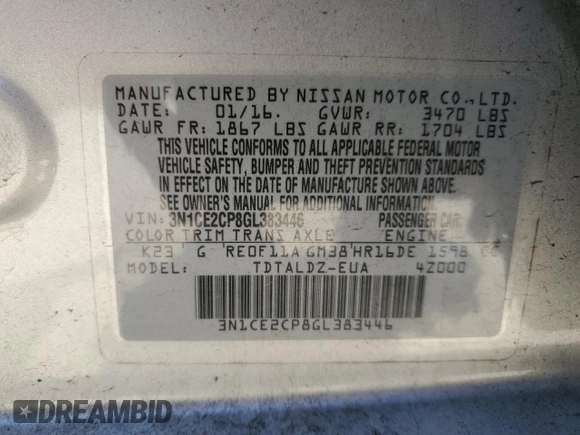 2016 Nissan Note S with VIN 3N1CE2CP8GL383446, listed as a Copart auction lot 56394545 with 137,055 mi miles and Salvage title. Bid and sale history available at DreamBid. Image 12.