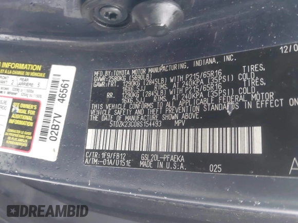2008 Toyota Sienna with VIN 5TDZK23C08S154493, listed as a IAAI auction lot 42014413 with 220,477 mi miles and . Bid and sale history available at DreamBid. Image 9.