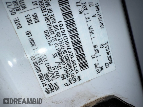 2017 Ford F-150 XL с VIN 1FTMF1EF7HKD76701, выставлен на аукционе Copart как лот 54277595 с пробегом 36 566 миль миль и Списание • Salvage title. История ставок и продаж доступна на DreamBid. Изображение 10.