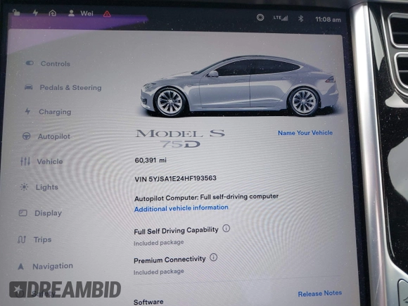 2017 Tesla Model S 100D with VIN 5YJSA1E24HF193563, listed as a IAAI auction lot 42120120 with 60,391 mi miles and . Bid and sale history available at DreamBid. Image 7.