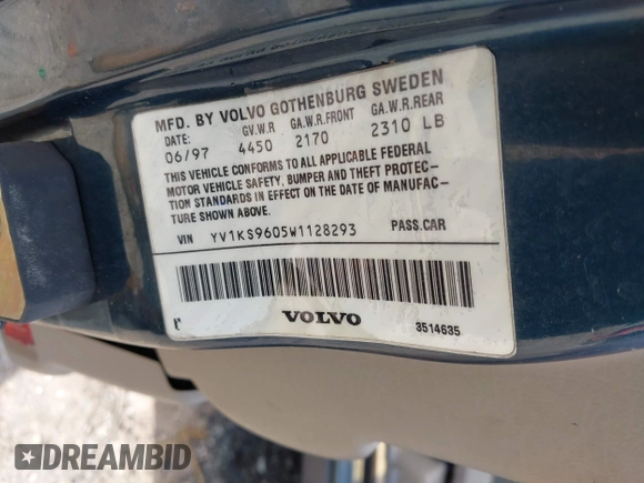 1998 Volvo S90 z VIN YV1KS9605W1128293, wystawiony jako IAAI lot #42332645 z przebiegiem 252 576 mil mil oraz . Historia ofert i sprzedaży dostępna na DreamBid. Obrazek 9.