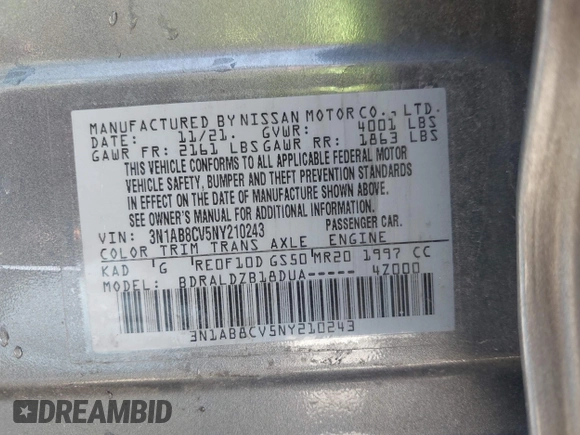2022 Nissan Sentra SV with VIN 3N1AB8CV5NY210243, listed as a IAAI auction lot 41808972 with 63,612 mi miles and . Bid and sale history available at DreamBid. Image 9.