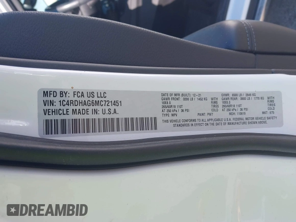 2021 Dodge Durango SXT Plus with VIN 1C4RDHAG6MC721451, listed as a IAAI auction lot 42431143 with 41,418 mi miles and . Bid and sale history available at DreamBid. Image 9.