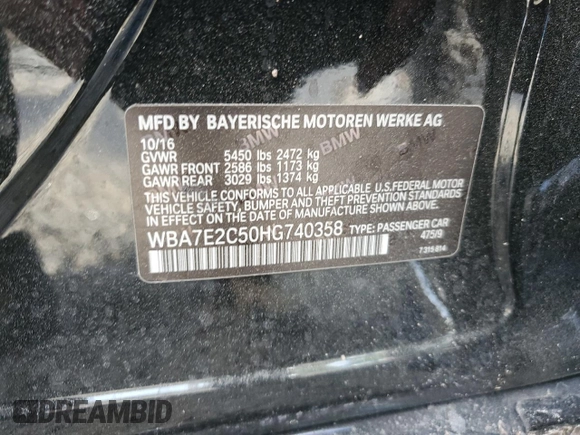 2017 BMW 7 Series 740i with VIN WBA7E2C50HG740358, listed as a Copart auction lot 51601995 with 0 mi miles and Non Repairable. Bid and sale history available at carsss.com. Image 13.