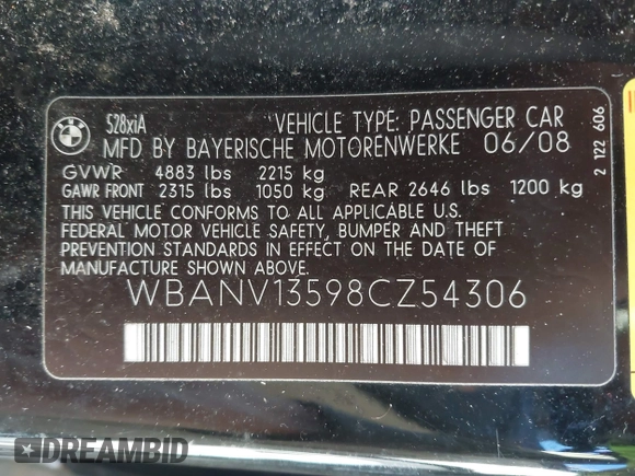 2008 BMW 5 Series 528xi with VIN WBANV13598CZ54306, listed as a IAAI auction lot 41779114 with 118,200 mi miles. Bid and sale history available at carsss.com. Image 9.