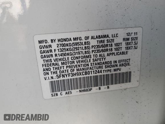 2012 Honda Pilot Touring with VIN 5FNYF3H9XCB011244, listed as a Copart auction lot 41793605 with 62,198 mi miles and Salvage Title. Bid and sale history available at carsss.com. Image 14.