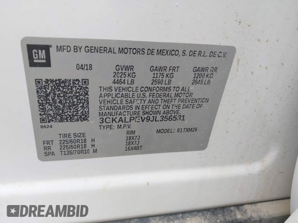 2018 GMC Terrain SLT with VIN 3GKALPEV9JL356531, listed as a IAAI auction lot 42013272 with 114,996 mi miles. Bid and sale history available at carsss.com. Image 9.