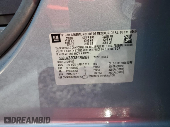 2015 Chevrolet Silverado 1500 LTZ with VIN 3GCUKSEC6FG302987, listed as a Copart auction lot 52732945 with 148,955 mi miles and Salvage Title. Bid and sale history available at DreamBid. Image 13.
