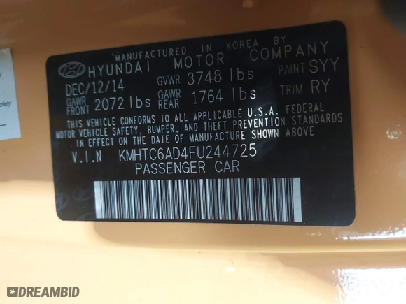 2015 Hyundai Veloster with VIN KMHTC6AD4FU244725, listed as a IAAI auction lot 41547996 with 70,203 mi miles. Bid and sale history available at carsss.com. Image 9.