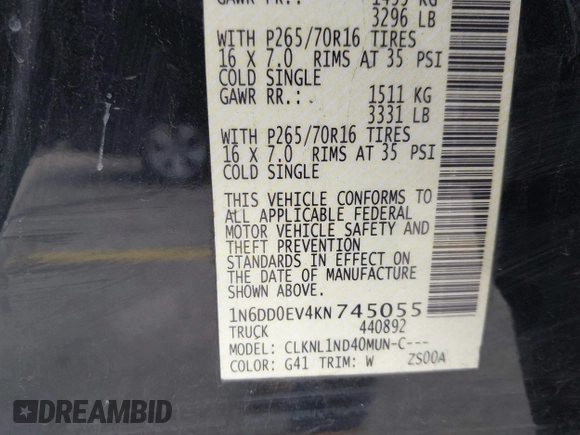 2019 Nissan Frontier SV z VIN 1N6DD0EV4KN745055, wystawiony jako IAAI lot #41913656 z przebiegiem Nie podano mil oraz . Historia ofert i sprzedaży dostępna na DreamBid. Obrazek 9.