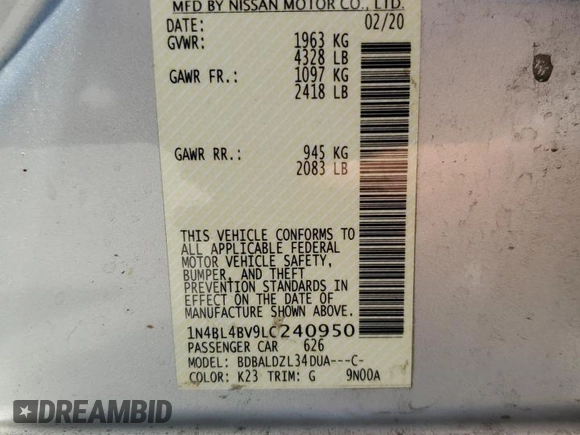 2020 Nissan Altima S with VIN 1N4BL4BV9LC240950, listed as a Copart auction lot 59588275 with 89,310 mi miles and Salvage title. Bid and sale history available at DreamBid. Image 13.
