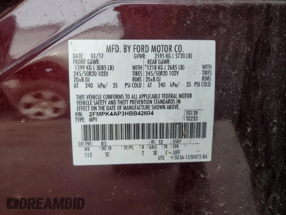 2017 Ford Edge Sport with VIN 2FMPK4AP3HBB42604, listed as a Copart auction lot 49796355 with 126,347 mi miles and Salvage Title. Bid and sale history available at carsss.com. Image 13.
