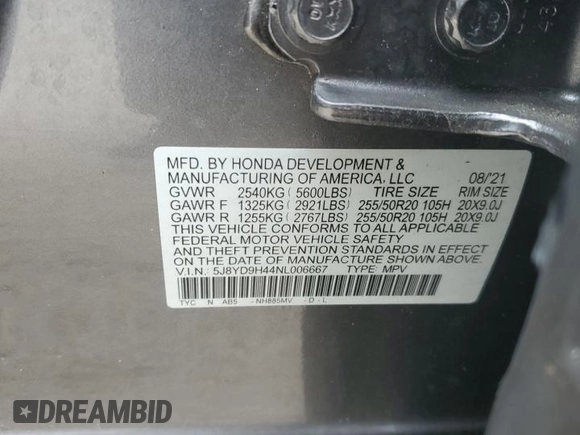 2022 Acura MDX Technology z VIN 5J8YD9H44NL006667, wystawiony jako Copart lot #44532135 z przebiegiem 59 442 mil mil oraz Nie do naprawy • Non repairable. Historia ofert i sprzedaży dostępna na DreamBid. Obrazek 14.