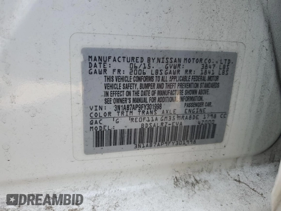 2015 Nissan Sentra SV with VIN 3N1AB7AP9FY301998, listed as a Copart auction lot 54789765 with 95,095 mi miles and Salvage Title. Bid and sale history available at DreamBid. Image 13.