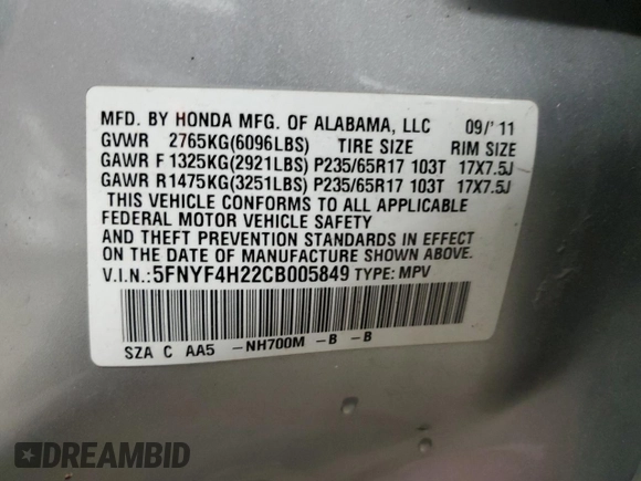 2012 Honda Pilot LX with VIN 5FNYF4H22CB005849, listed as a Copart auction lot 45019035 with 153,675 mi miles and Salvage Title. Bid and sale history available at carsss.com. Image 12.