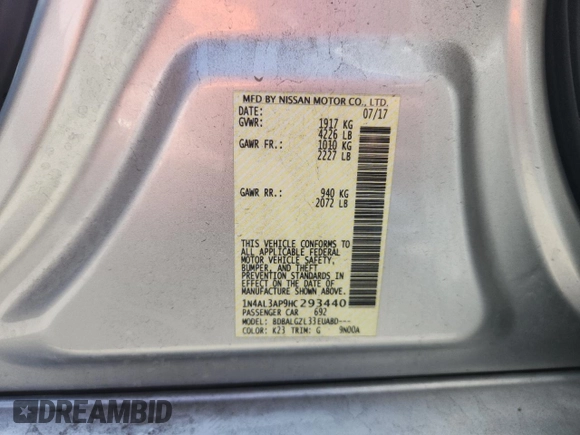 2017 Nissan Altima SR with VIN 1N4AL3AP9HC293440, listed as a Copart auction lot 57847595 with 127,741 mi miles and Salvage title. Bid and sale history available at DreamBid. Image 12.