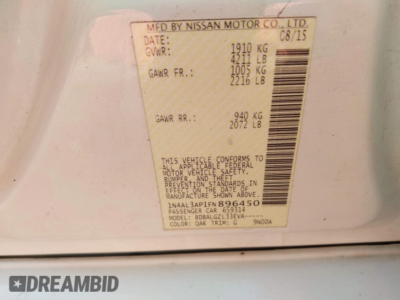 2015 Nissan Altima SL with VIN 1N4AL3AP1FN896450, listed as a IAAI auction lot 41625031 with 154,322 mi miles and . Bid and sale history available at DreamBid. Image 9.