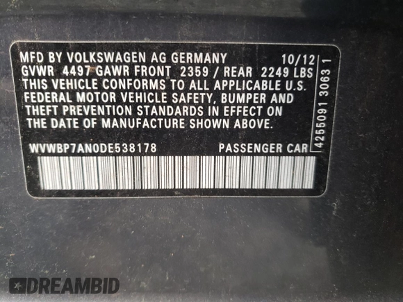 2013 Volkswagen CC Sport Plus z VIN WVWBP7AN0DE538178, wystawiony jako Copart lot #52394635 z przebiegiem 216 031 mil mil oraz Szkody całkowita. Historia ofert i sprzedaży dostępna na DreamBid. Obrazek 14.