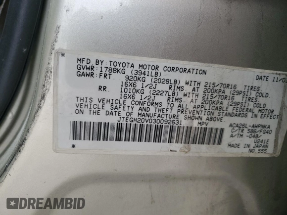 2003 Toyota RAV4 with VIN JTEGH20V030092631, listed as a Copart auction lot 48082395 with 189,802 mi miles and Salvage Title. Bid and sale history available at DreamBid. Image 14.