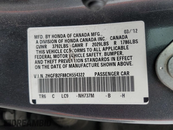 2012 Honda Civic EX with VIN 2HGFB2F88CH554322, listed as a Copart auction lot 55303165 with 192,132 mi miles and Salvage Title. Bid and sale history available at DreamBid. Image 12.