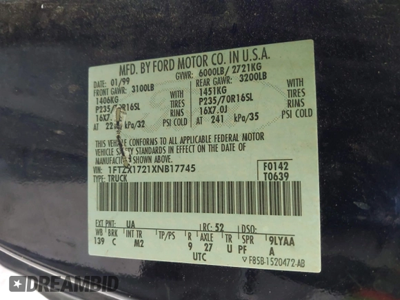 1999 Ford F-150 with VIN 1FTZX1721XNB17745, listed as a IAAI auction lot 41993672 with Not Provided miles and . Bid and sale history available at DreamBid. Image 9.