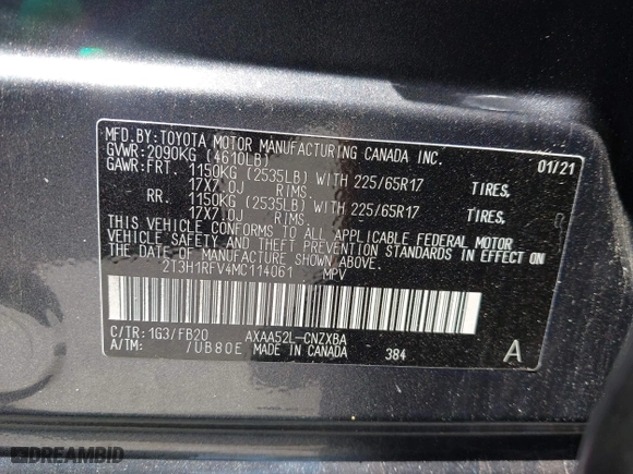 2021 Toyota RAV4 LE with VIN 2T3H1RFV4MC114061, listed as a IAAI auction lot 41953045 with 17,390 mi miles. Bid and sale history available at carsss.com. Image 9.
