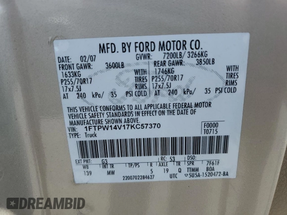 2007 Ford F-150 XLT z VIN 1FTPW14V17KC57370, wystawiony jako Copart lot #55228825 z przebiegiem 202 005 mil mil oraz Szkoda całkowita • Salvage title. Historia ofert i sprzedaży dostępna na DreamBid. Obrazek 12.