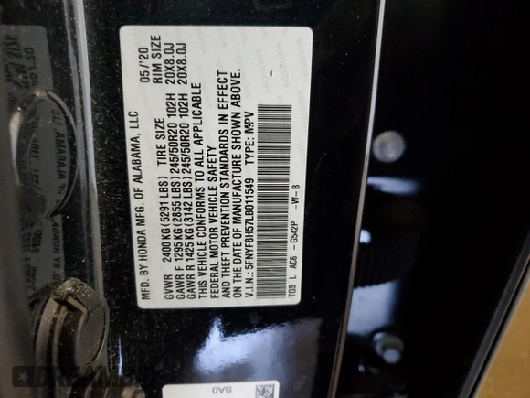 2020 Honda Passport EX-L with VIN 5FNYF8H57LB011549, listed as a Copart auction lot 59123735 with 127,797 mi miles and Salvage title. Bid and sale history available at DreamBid. Image 13.