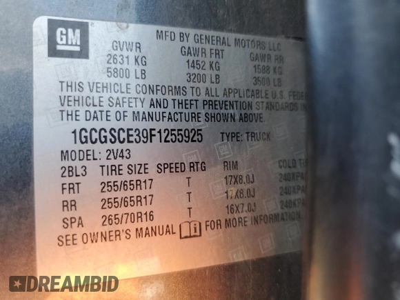2015 Chevrolet Colorado 2WD Z71 with VIN 1GCGSCE39F1255925, listed as a Copart auction lot 63457735 with 119,801 mi miles and Salvage title. Bid and sale history available at DreamBid. Image 13.