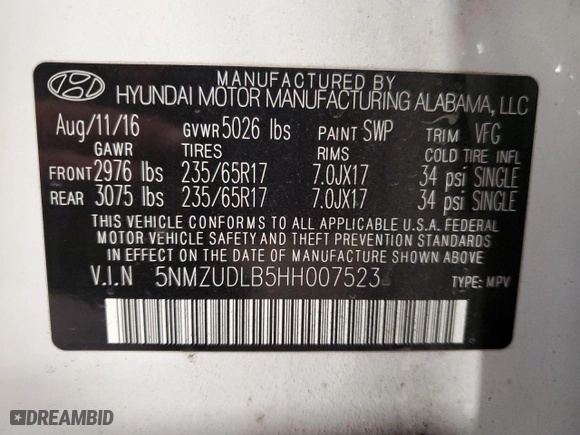 2017 Hyundai Santa Fe Sport 2.4L with VIN 5NMZUDLB5HH007523, listed as a Copart auction lot 51439895 with 0 mi miles and Salvage Title. Bid and sale history available at carsss.com. Image 14.
