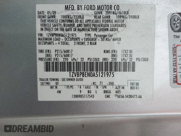 2010 Ford Mustang V6 z VIN 1ZVBP8EN0A5121975, wystawiony jako Copart lot #52117343 z przebiegiem 204 966 mil mil oraz Szkoda całkowita • Salvage title. Historia ofert i sprzedaży dostępna na DreamBid. Obrazek 12.