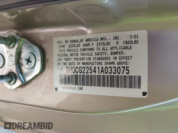 2001 Honda Accord EX with VIN 1HGCG22541A033075, listed as a IAAI auction lot 40200453 with 121,275 mi miles and . Bid and sale history available at DreamBid. Image 9.
