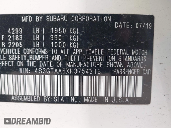 2019 Subaru Impreza с VIN 4S3GTAA6XK3754216, выставлен на аукционе IAAI как лот 42196202 с пробегом 23 285 миль миль и . История ставок и продаж доступна на DreamBid. Изображение 9.