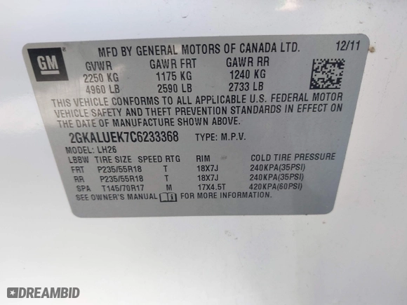 2012 GMC Terrain SLT-1 with VIN 2GKALUEK7C6233368, listed as a IAAI auction lot 41528969 with 131,038 mi miles. Bid and sale history available at carsss.com. Image 9.
