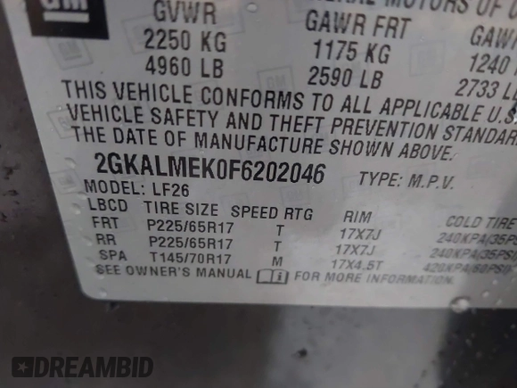 2015 GMC Terrain SLE z VIN 2GKALMEK0F6202046, wystawiony jako IAAI lot #40883680 z przebiegiem 157 787 mil mil oraz . Historia ofert i sprzedaży dostępna na DreamBid. Obrazek 9.