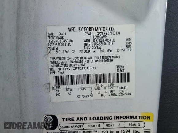 2014 Ford F-150 XL with VIN 1FTFW1CF7EFC40214, listed as a Copart auction lot 47838595 with 163,762 mi miles and Salvage Title. Bid and sale history available at carsss.com. Image 12.