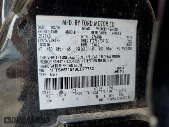 2008 Ford F-250 XL with VIN 1FTSW21548ED77782, listed as a Copart auction lot 60130415 with 206,483 mi miles and Clean title. Bid and sale history available at DreamBid. Image 12.