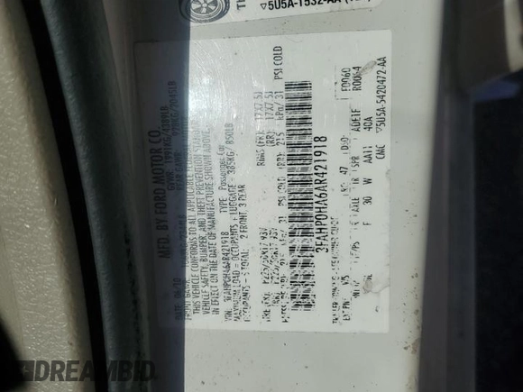 2010 Ford Fusion SE z VIN 3FAHP0HA6AR421918, wystawiony jako Copart lot #46276355 z przebiegiem 129 408 mil mil oraz Szkoda całkowita • Salvage title. Historia ofert i sprzedaży dostępna na DreamBid. Obrazek 14.