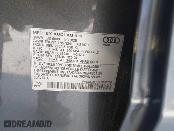 2014 Audi Q7 3.0T S line Prestige with VIN WA1DGAFE5ED010250, listed as a IAAI auction lot 41257093 with 131,001 mi miles. Bid and sale history available at carsss.com. Image 9.