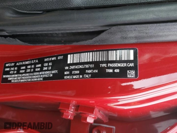 2018 Alfa Romeo Giulia with VIN ZARFAEDN3J7567151, listed as a Copart auction lot 85385364 with Not provided miles and Salvage title. Bid and sale history available at DreamBid. Image 14.