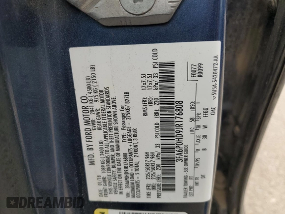 2018 Ford Fusion SE with VIN 3FA6P0HD9JR176808, listed as a Copart auction lot 48559725 with 106,874 mi miles and Salvage Title. Bid and sale history available at DreamBid. Image 13.